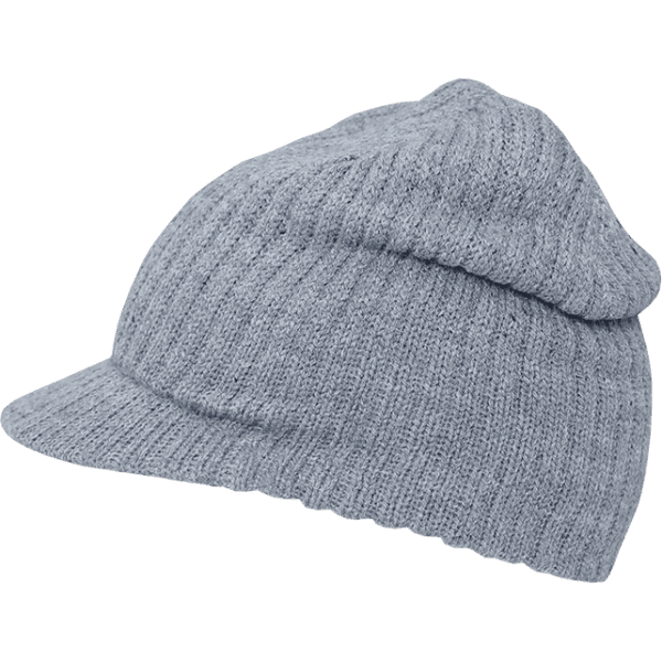 A grey beanie with a visor, featuring a ribbed texture and a slightly slouched design. It has a logo on one side.
