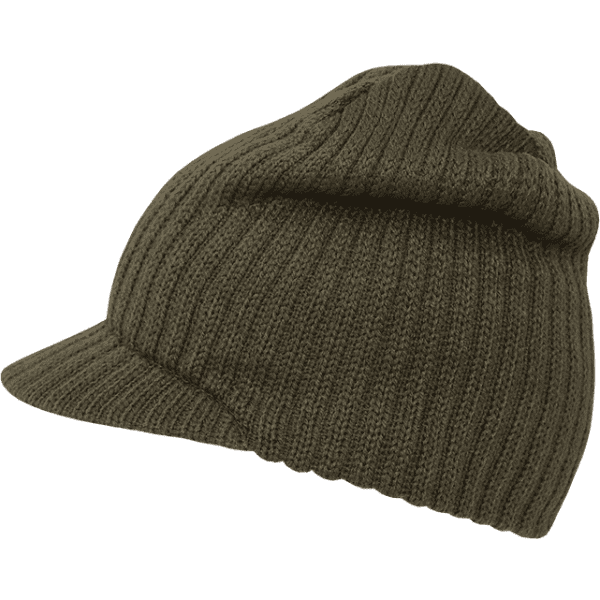 A green knitted beanie with a folded brim, featuring a textured ribbed pattern. It has a rounded shape.