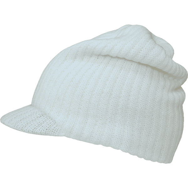 A white knitted hat with a beanie style and a small brim. It has a textured ribbed design.