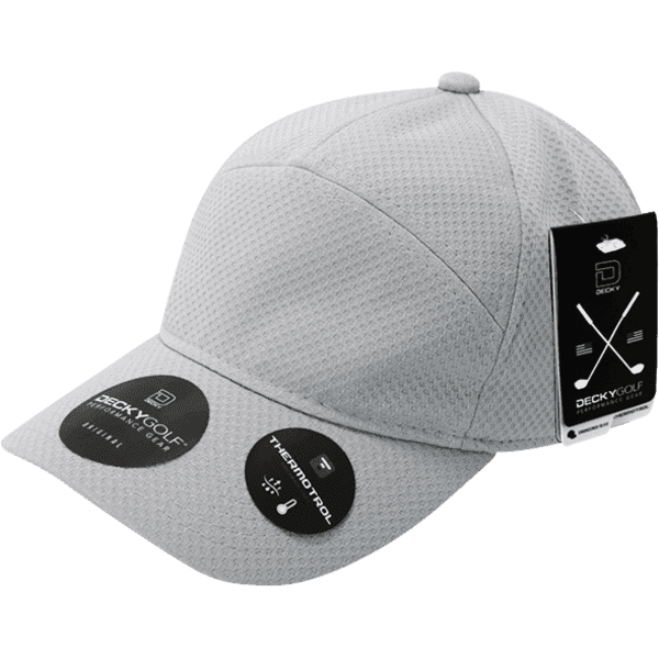 A grey 7 panel cap featuring a dimple pattern, with tags and a logo on the side.