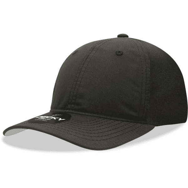 A black six-panel low profile relaxed dad hat with a branded logo on the front.
