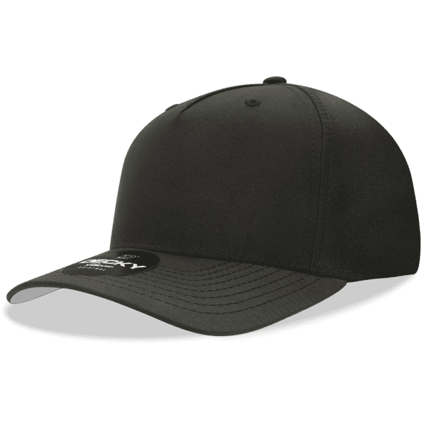 A black 5-panel mid-profile structured cap with a curved brim and a logo on the side.