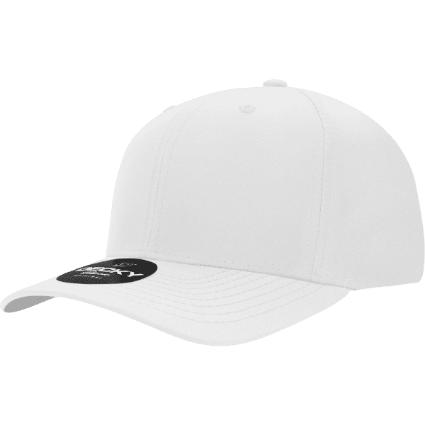 A white 6-panel mid-profile structured cap with a curved brim and an embroidered logo.