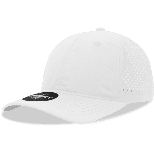 A white perforated dad hat with a low profile and relaxed fit, featuring a logo.