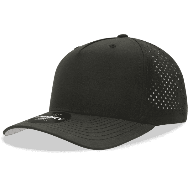 A black 5-panel mid-profile cap with a perforated design and an adjustable strap at the back.