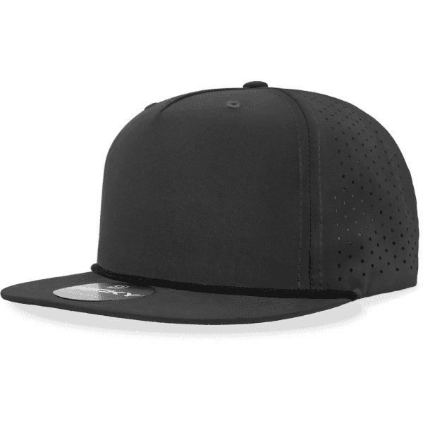 A black 5-panel high-profile relaxed hat with perforated sides and a flat brim. It features a logo.