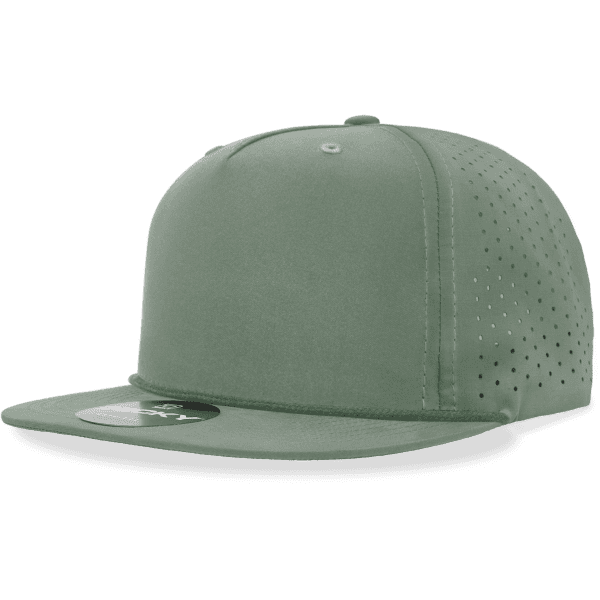 A green 5-panel high-profile relaxed perforated rope hat featuring a flat brim and ventilation holes.