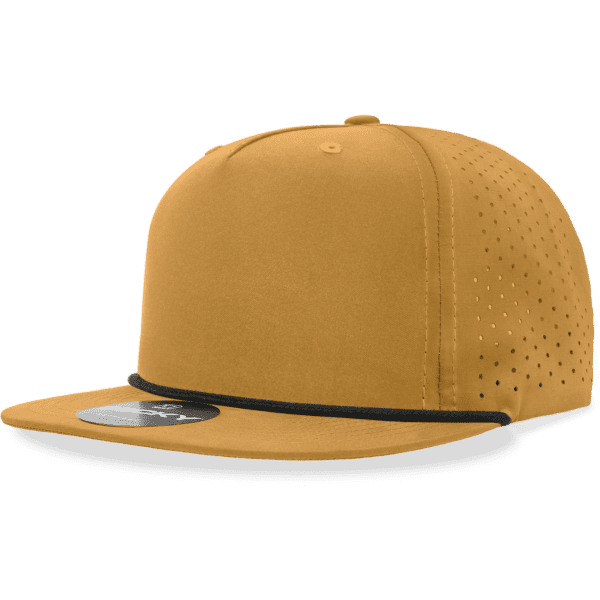 A high-profile, relaxed-fit perforated rope hat in a mustard yellow colour, featuring a black accent and a logo.