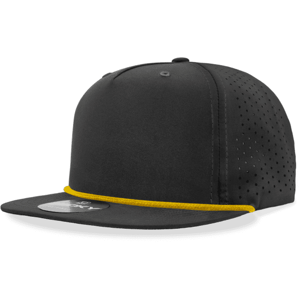A black high-profile hat featuring perforated detailing and a yellow rope accent. It includes a logo on the side.