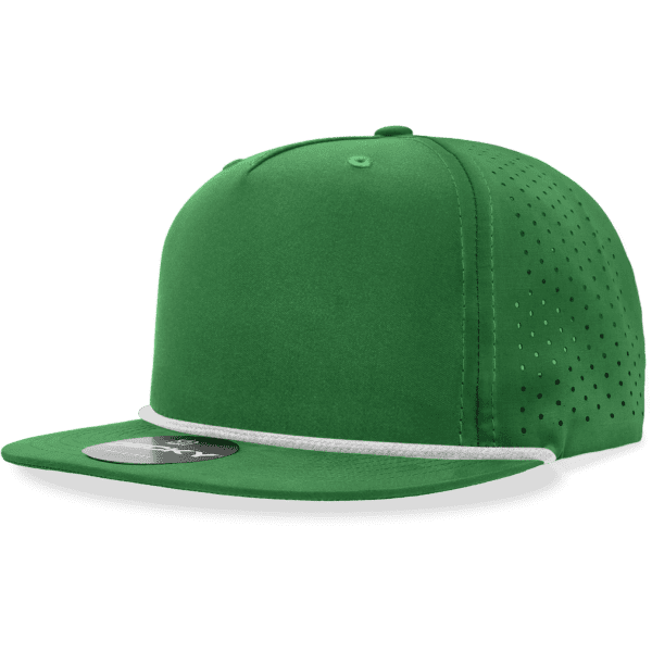 A green 5 Panel High Profile Relaxed Perforated Rope Hat with a white band and perforated design. Contains a logo.