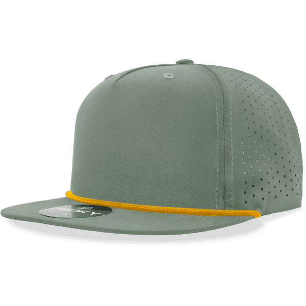 A high-profile relaxed perforated rope hat in olive green with an orange rope detail and a logo on the front.