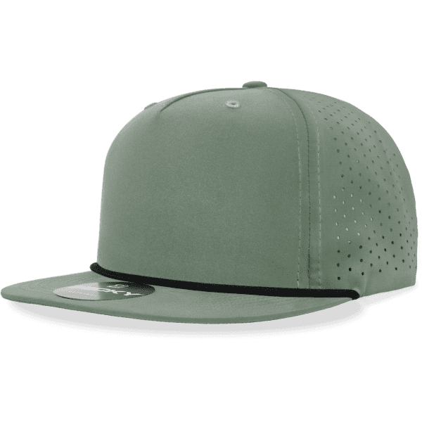 A high-profile, relaxed green hat featuring perforations and a contrasting black rope detail along the brim.