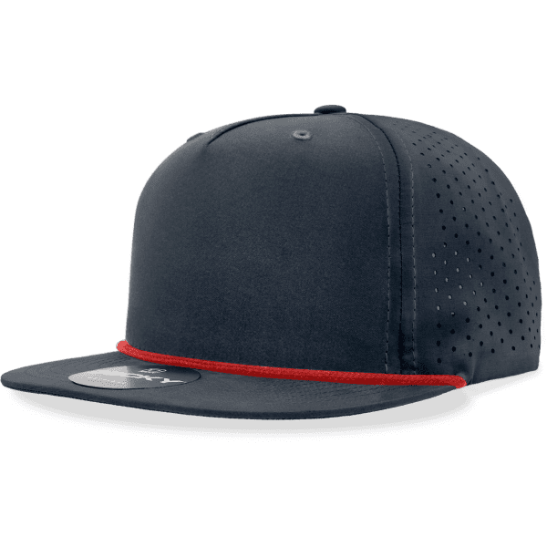 A high-profile relaxed perforated rope hat in navy with a red accent. Features a logo on the front.