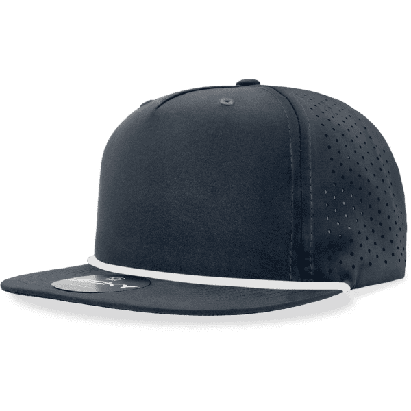A high-profile, relaxed-fit 5-panel cap in navy with perforated sides and a white rope detail on the brim.