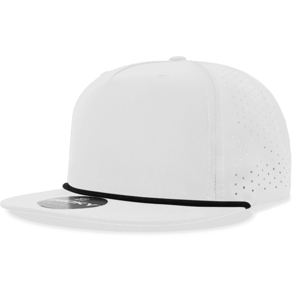 A white 5 panel high profile relaxed hat with perforated detailing and a black trim. It features a logo on the front.