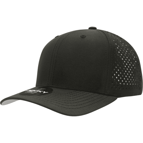 A black 6 panel mid profile cap with perforated mesh sides and a branded tag on the front.