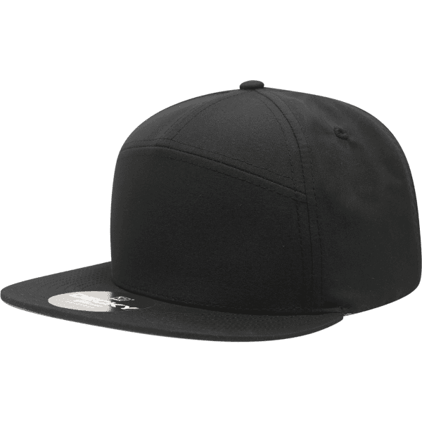 A black 7 panel high profile structured cap with a flat brim and a logo on the side.
