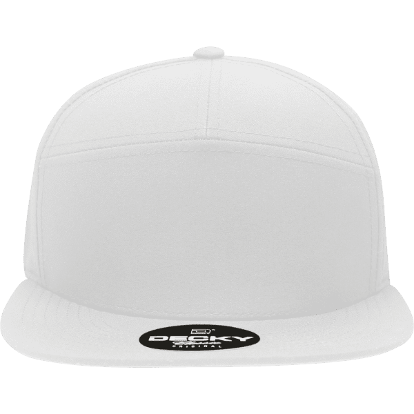 A white 7 panel high profile structured cap featuring a flat brim and a logo on the front.