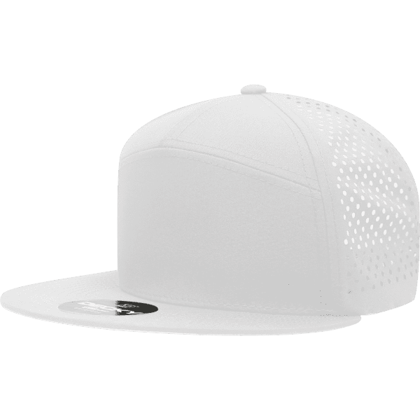 A white high-profile cap featuring a solid front and perforated back, with an adjustable fit and branding logo.