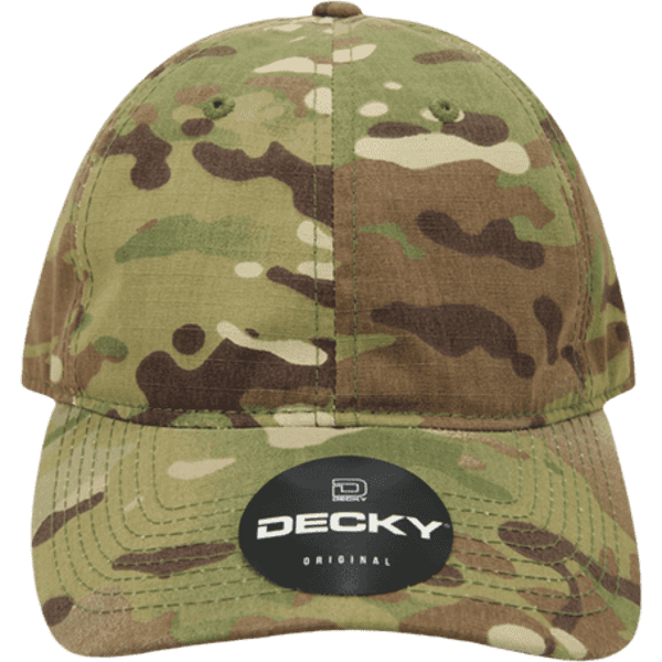 A camouflage cap in shades of green and brown, featuring a circular logo on the front.