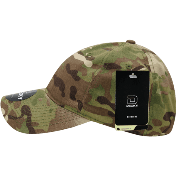 A camouflaged cap in shades of green and brown, featuring a branded tag on the side.