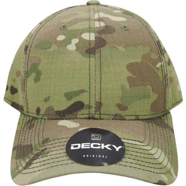 A structured cap in MULTICAM pattern featuring shades of green and brown, with a logo on the front.