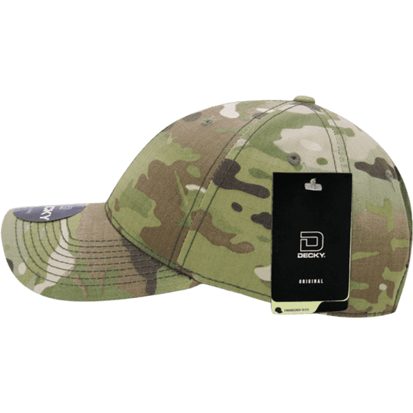 A structured cap in MULTICAM pattern, featuring a curved brim and a tag attached to the side.