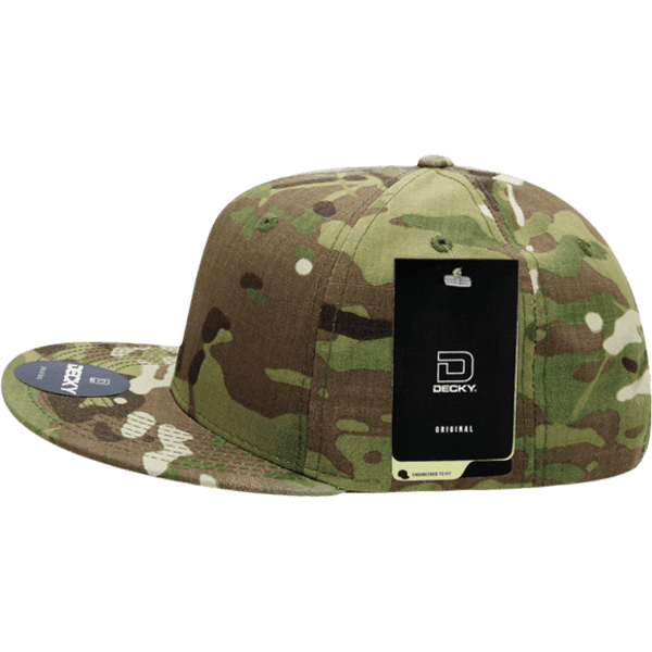 A MULTICAM snapback cap featuring a camouflage pattern in various shades of green and brown, with a logo on the side.