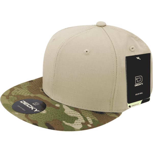 A beige cap with a camouflage patterned peak and a logo tag attached.