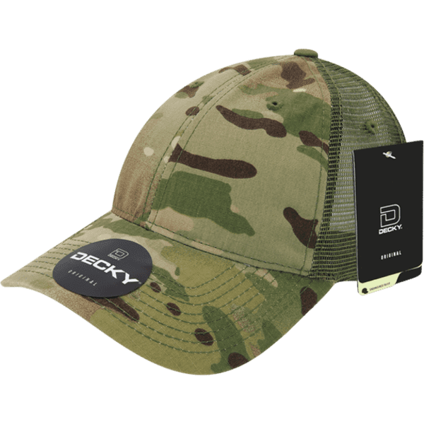 A camouflaged cap in shades of green and brown with a mesh back and a tag. It features a branding logo.