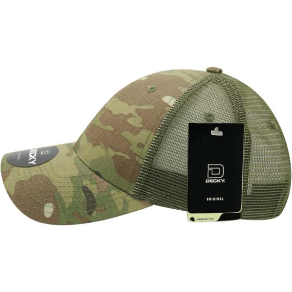 A camouflaged green trucker cap with a mesh back and a tag attached.