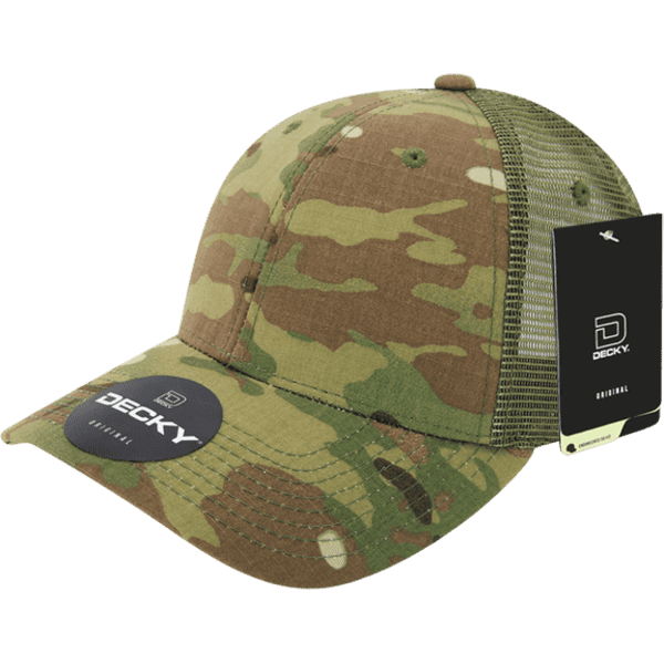 A camouflaged cap in green and brown, featuring a mesh back and a logo on the front.