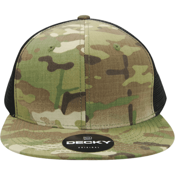 A camouflage trucker hat featuring a patterned front and a black mesh back, complete with a logo on the brim.