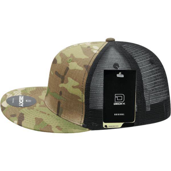 A MULTICAM H/C Trucker cap featuring a camouflage front and a black mesh back, with a tag attached.