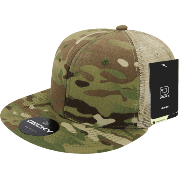 A camouflage trucker cap with a flat brim and mesh back, featuring a logo on the front and a hang tag.