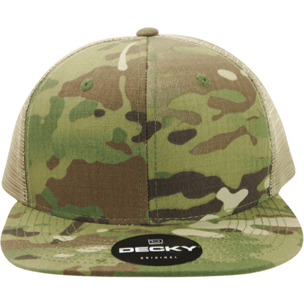 A trucker cap in a MULTICAM pattern, featuring a tan mesh back and a branded logo on the front.
