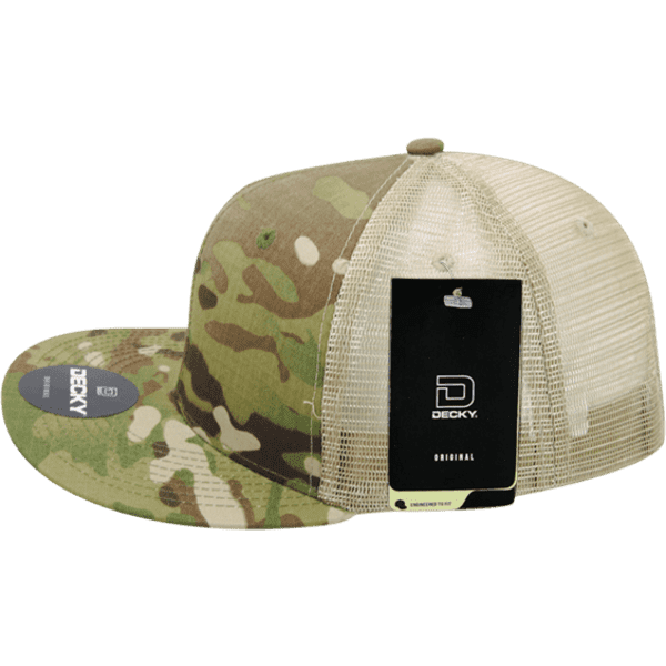 A trucker cap in a multicam design with a mesh back and a branded tag attached.
