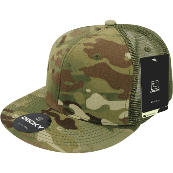 A camouflaged trucker cap featuring a mesh back and a brand label. The colours include various shades of green and brown.