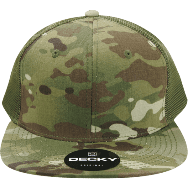 A camo trucker cap in shades of green and brown with a mesh back and a circular logo.