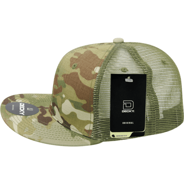 A camouflaged trucker cap with a mesh back and a branded tag attached.