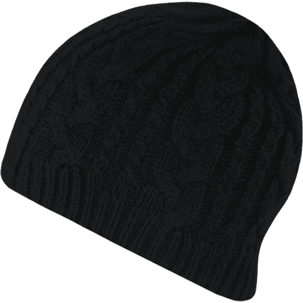 A black knitted beanie with a textured cable design and a rounded shape, featuring a logo on the side.