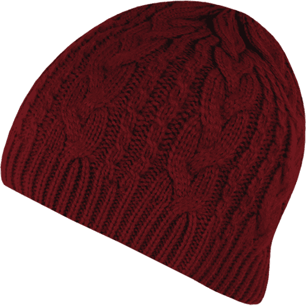 A red knitted beanie with a cable pattern and a snug fit. It features textured detailing and a rounded top.