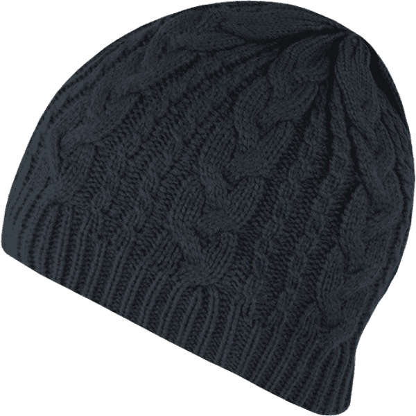 A dark navy beanie with a cable knit pattern and a logo on the side.