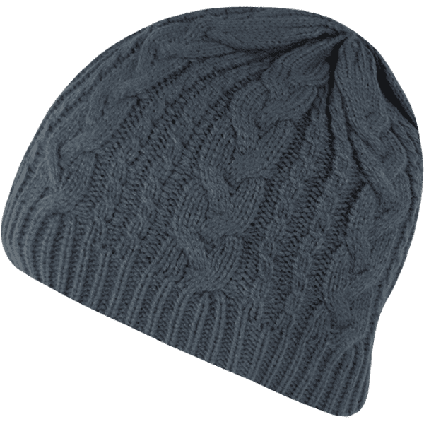 A dark grey knitted beanie with a textured cable pattern and a rounded top. It features a logo.