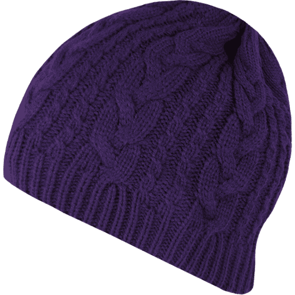 A knitted beanie in vibrant purple with a textured cable pattern and a snug fit. It has a logo displayed on it.