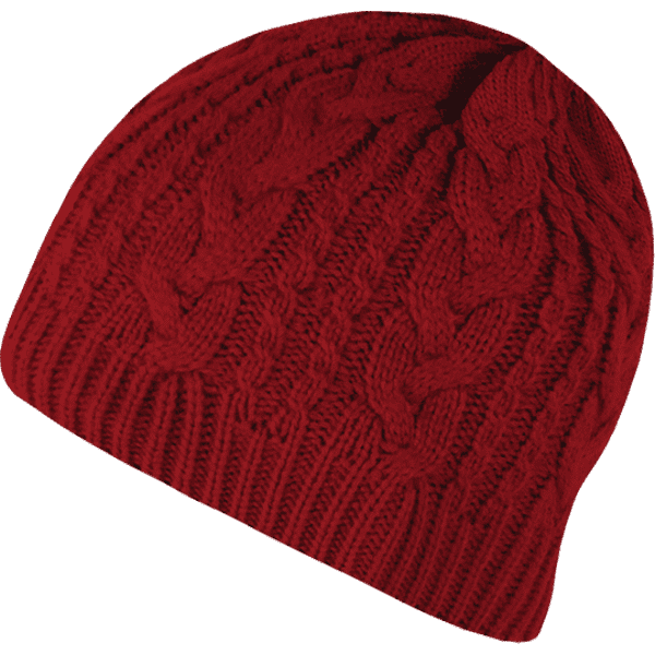 A red knitted beanie featuring a cable-knit pattern and a logo on the side.