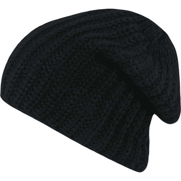 A slouchy beanie in a deep black colour, featuring a textured knit design. The product has a logo.