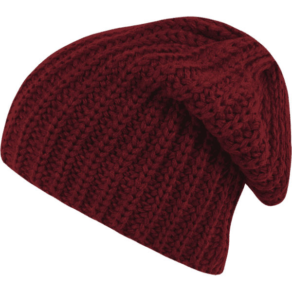 A burgundy knit beanie with a slouchy design, featuring textured stitching and a soft finish.