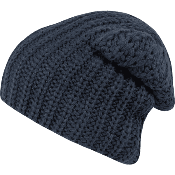 A cozy navy knit beanie with a textured pattern and a relaxed fit. It has a logo on the side.