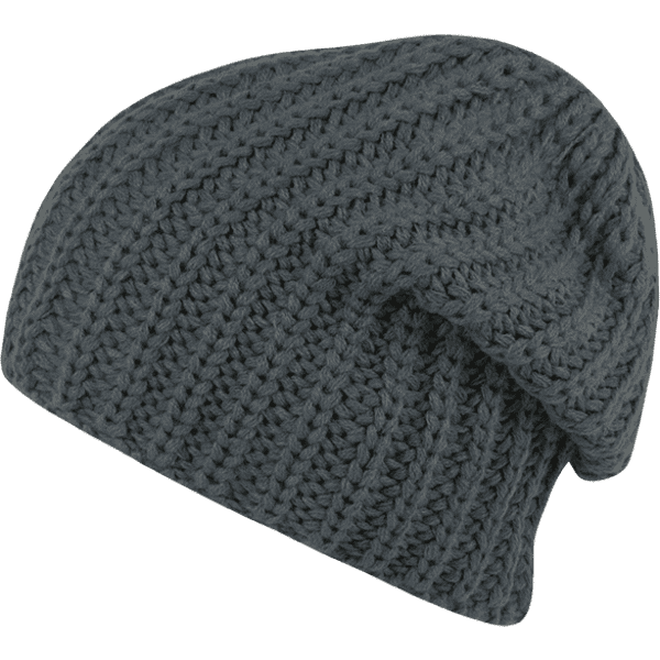 A grey knitted beanie with a textured pattern, featuring a slouchy design. It has a small logo on the side.
